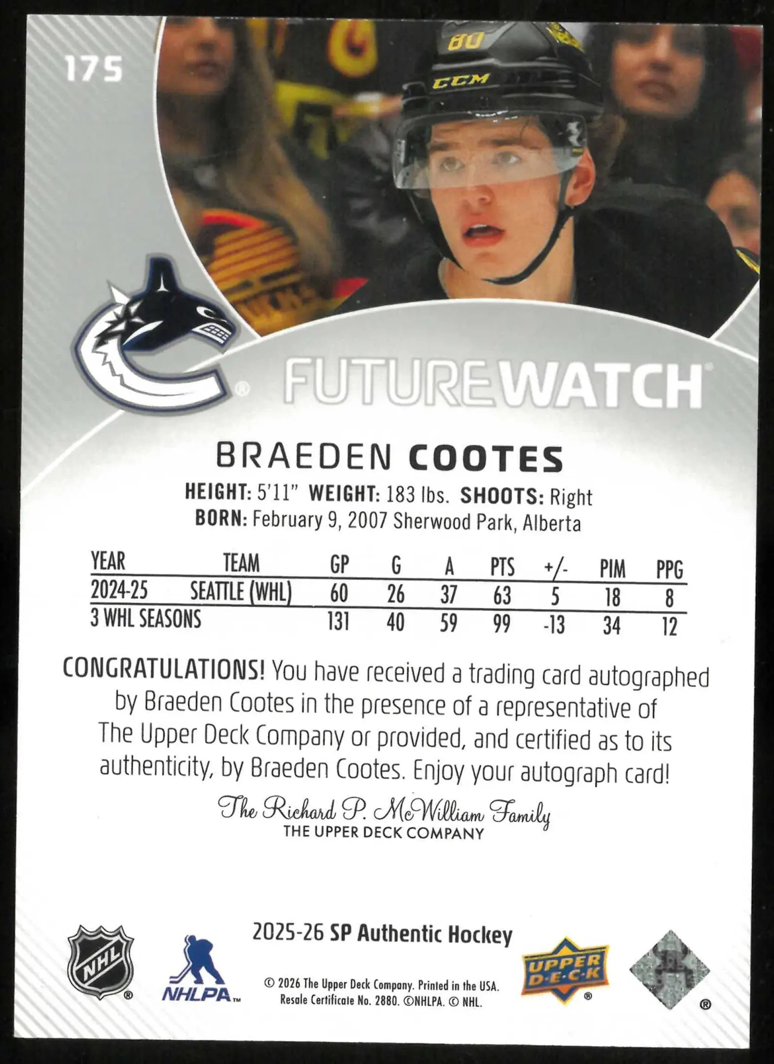 2025-26 SP Authentic #175 Braeden Cootes Rookie Future Watch Auto #/999 