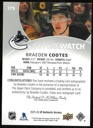 2025-26 SP Authentic #175 Braeden Cootes Rookie Future Watch Auto #/999 