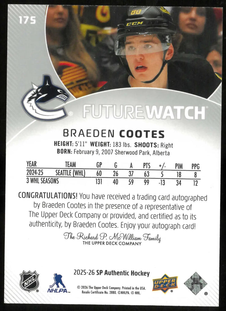 2025-26 SP Authentic #175 Braeden Cootes Rookie Future Watch Auto #/999 