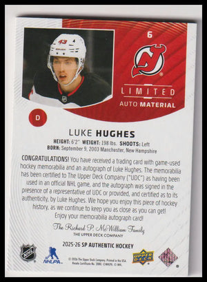 2025-26 SP Authentic #6 Luke Hughes Limited Autograph Material 
