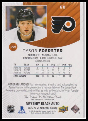 2025-26 SP Authentic #60 Tyson Foerster Mystery Black Autographs 