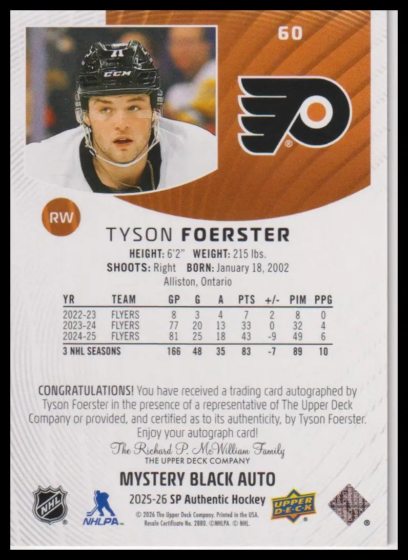 2025-26 SP Authentic #60 Tyson Foerster Mystery Black Autographs 