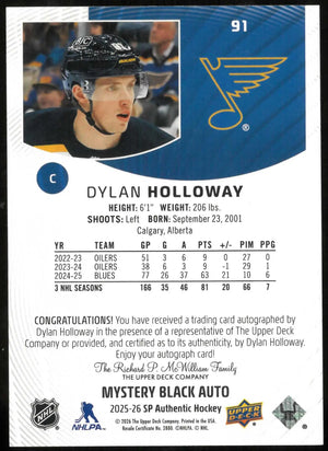 2025-26 SP Authentic #91 Dylan Holloway Mystery Black Autographs 