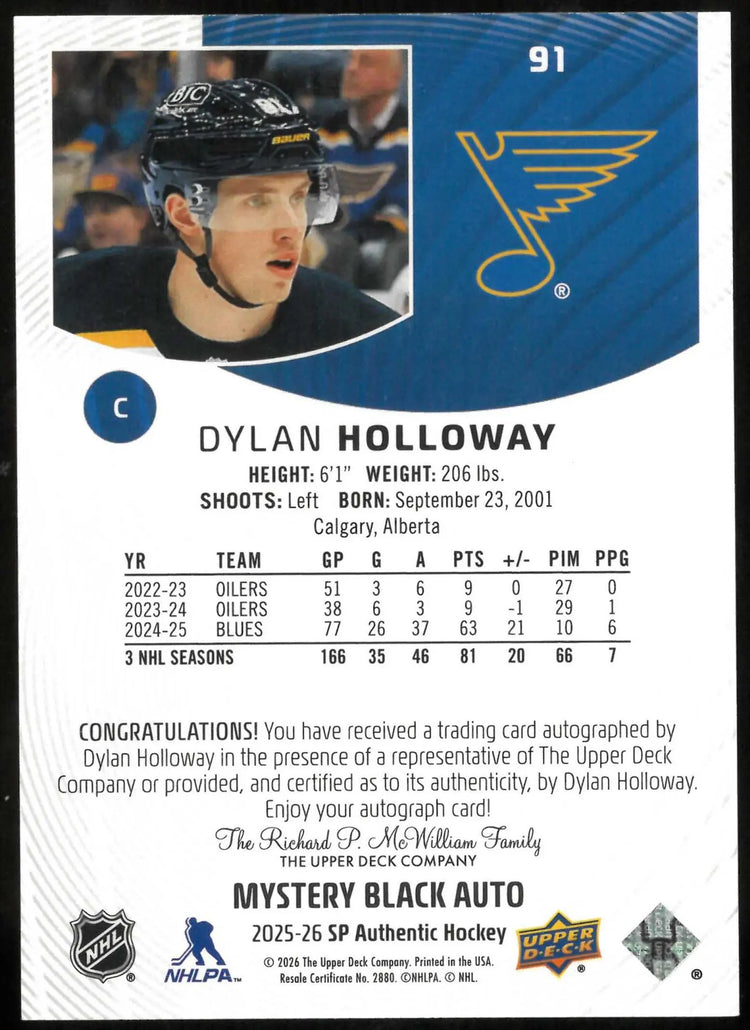 2025-26 SP Authentic #91 Dylan Holloway Mystery Black Autographs 