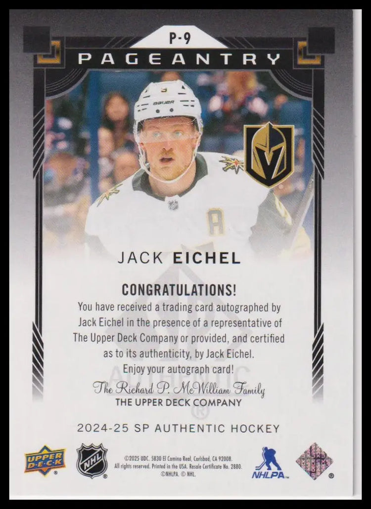 2025-26 SP Authentic #P-9 Jack Eichel Pageantry Autographs 