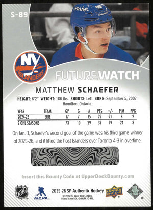 2025-26 SP Authentic #S-89 Matthew Schaefer Future Watch Rookie Spectrum FX 