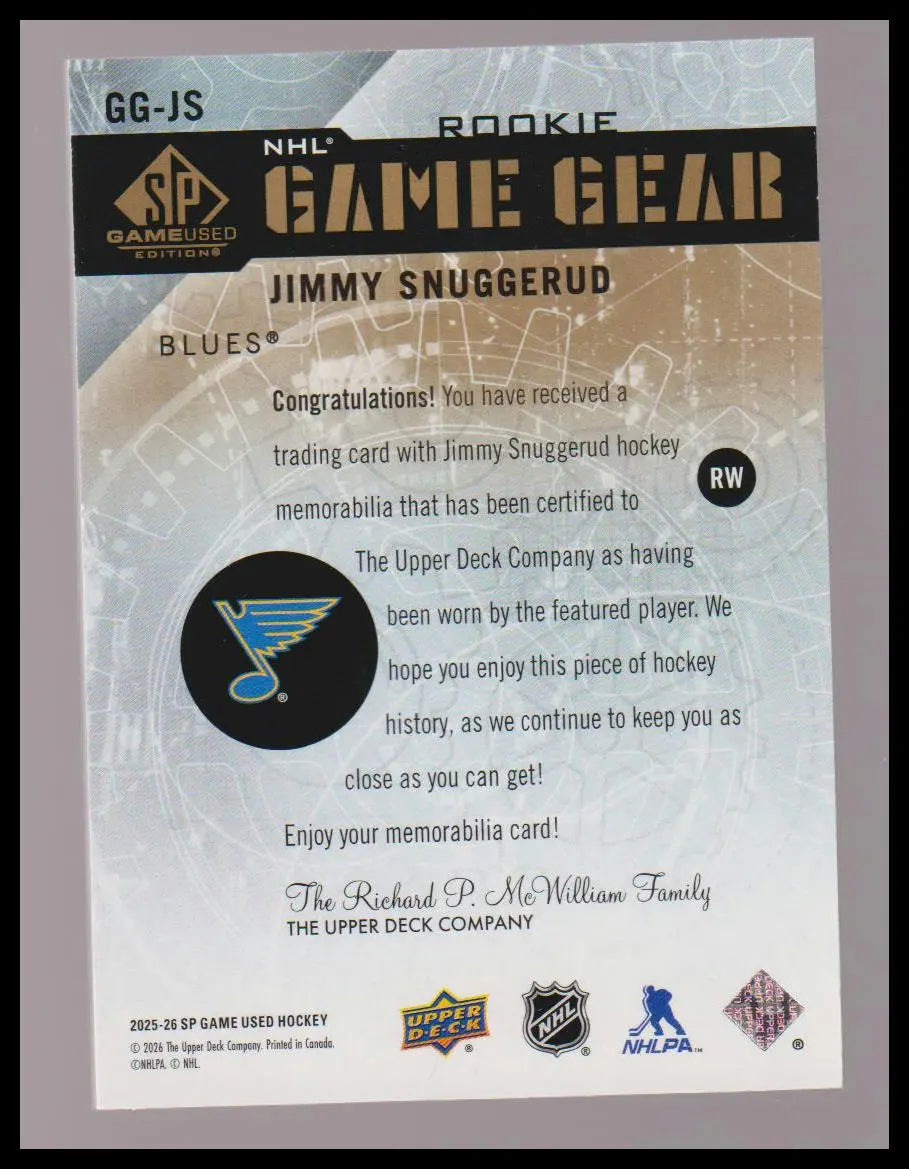2025-26 SP Game Used #GG-JS Jimmy Snuggerud Game Gear Rookies Patch 