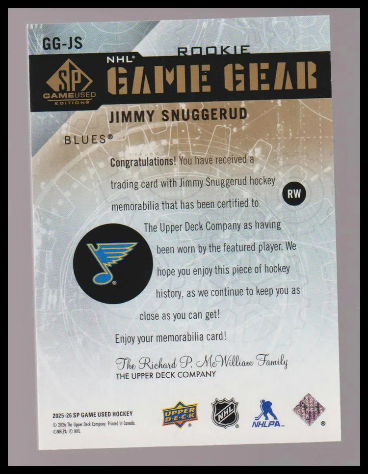 2025-26 SP Game Used #GG-JS Jimmy Snuggerud Game Gear Rookies Patch 