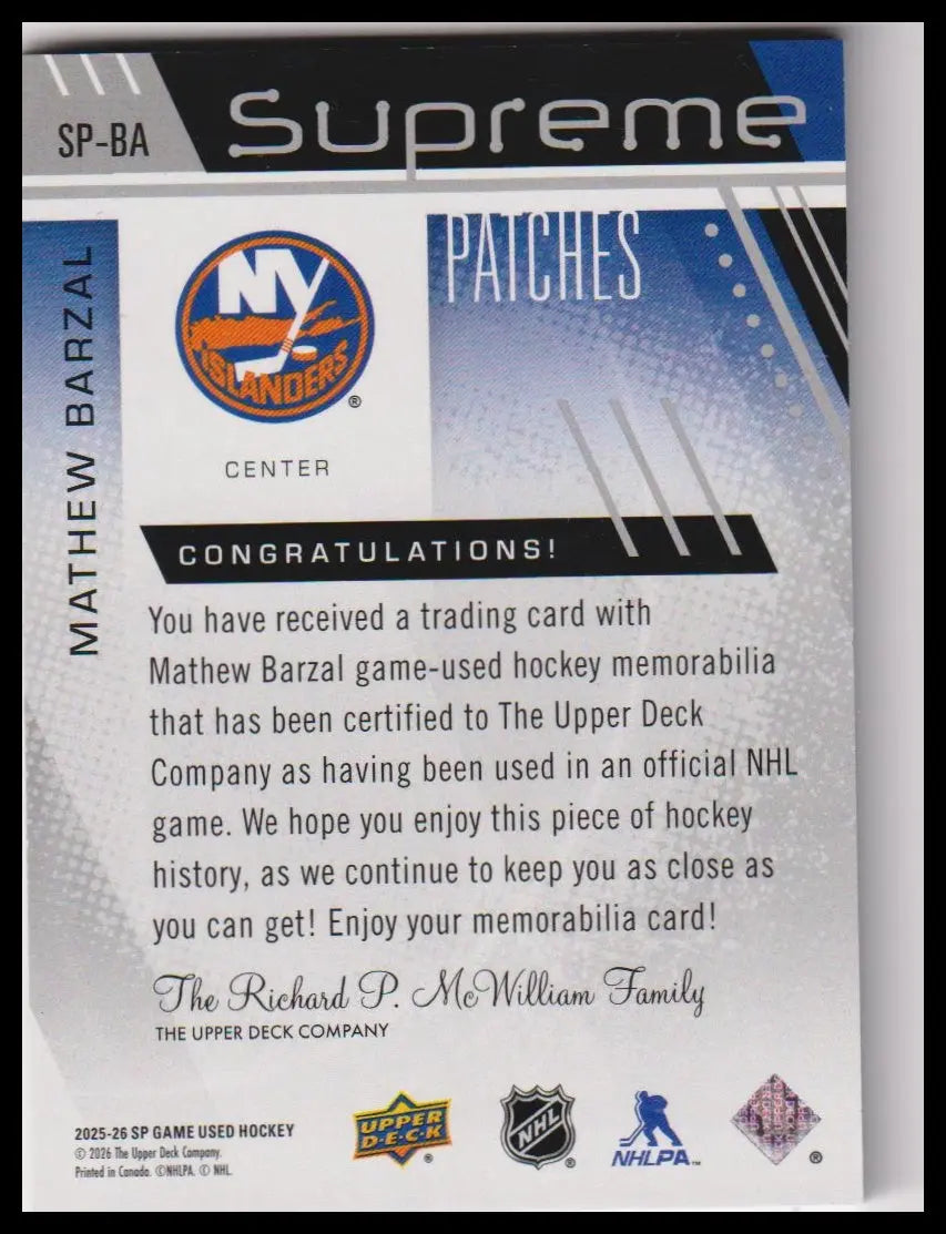 2025-26 SP Game Used #SP-BA Mathew Barzal Supreme Patches 