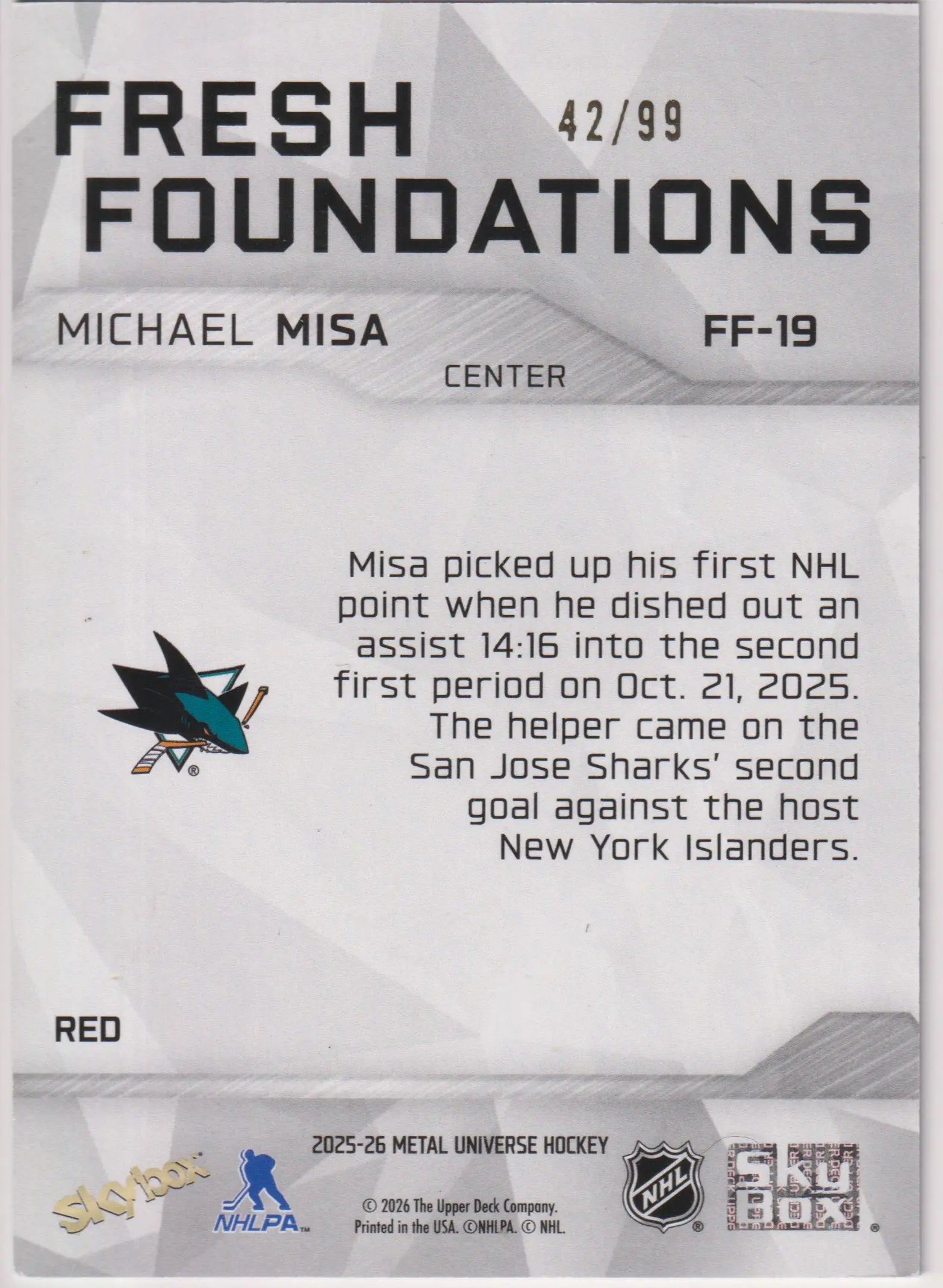 2025-26 SkyBox Metal Universe Rookie Michael Misa Fresh Foundations RC Red /99 