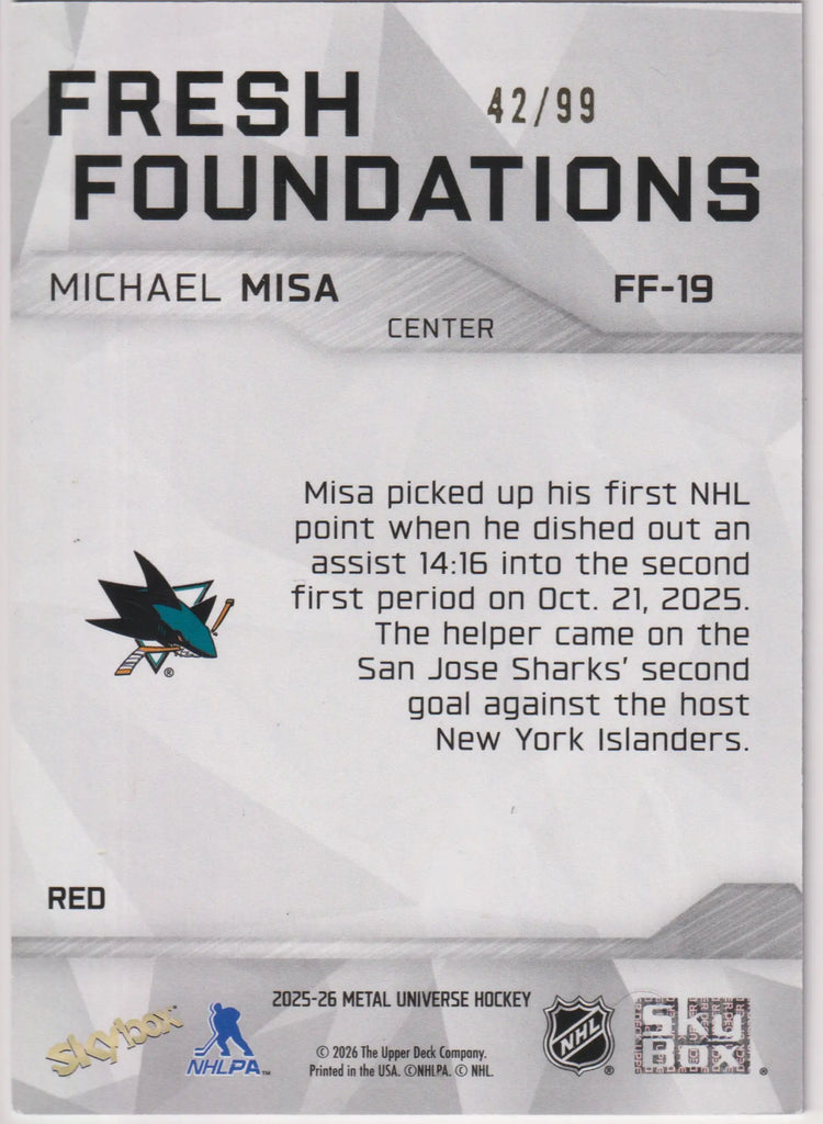 2025-26 SkyBox Metal Universe Rookie Michael Misa Fresh Foundations RC Red /99 