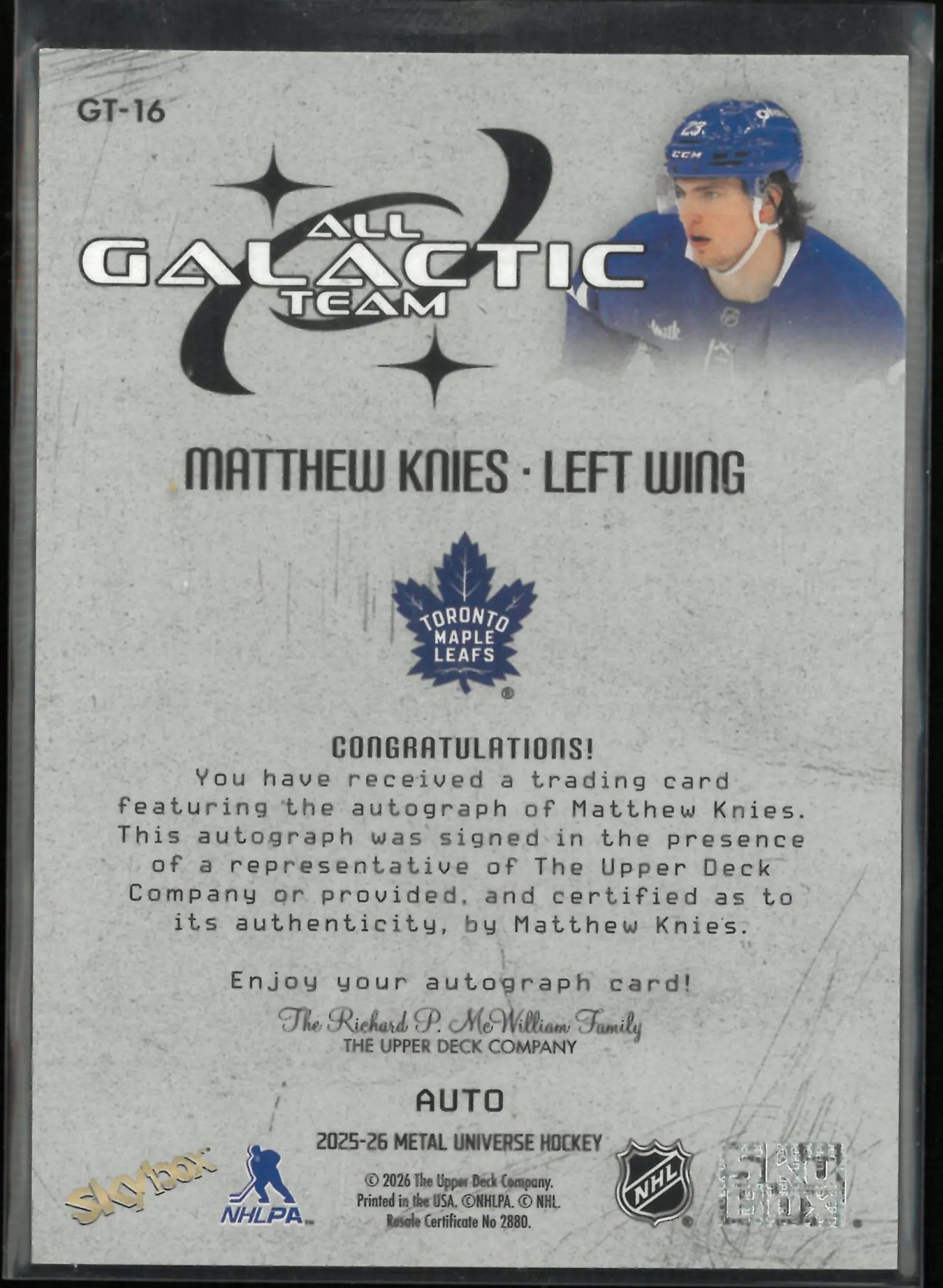 2025-26 Skybox Metal Universe All Galactic Team Matthew Knies Autograph Auto 