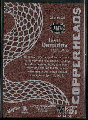 2025-26 Skybox Metal Universe Hockey Copper Heads Rookie Ivan Demidov 