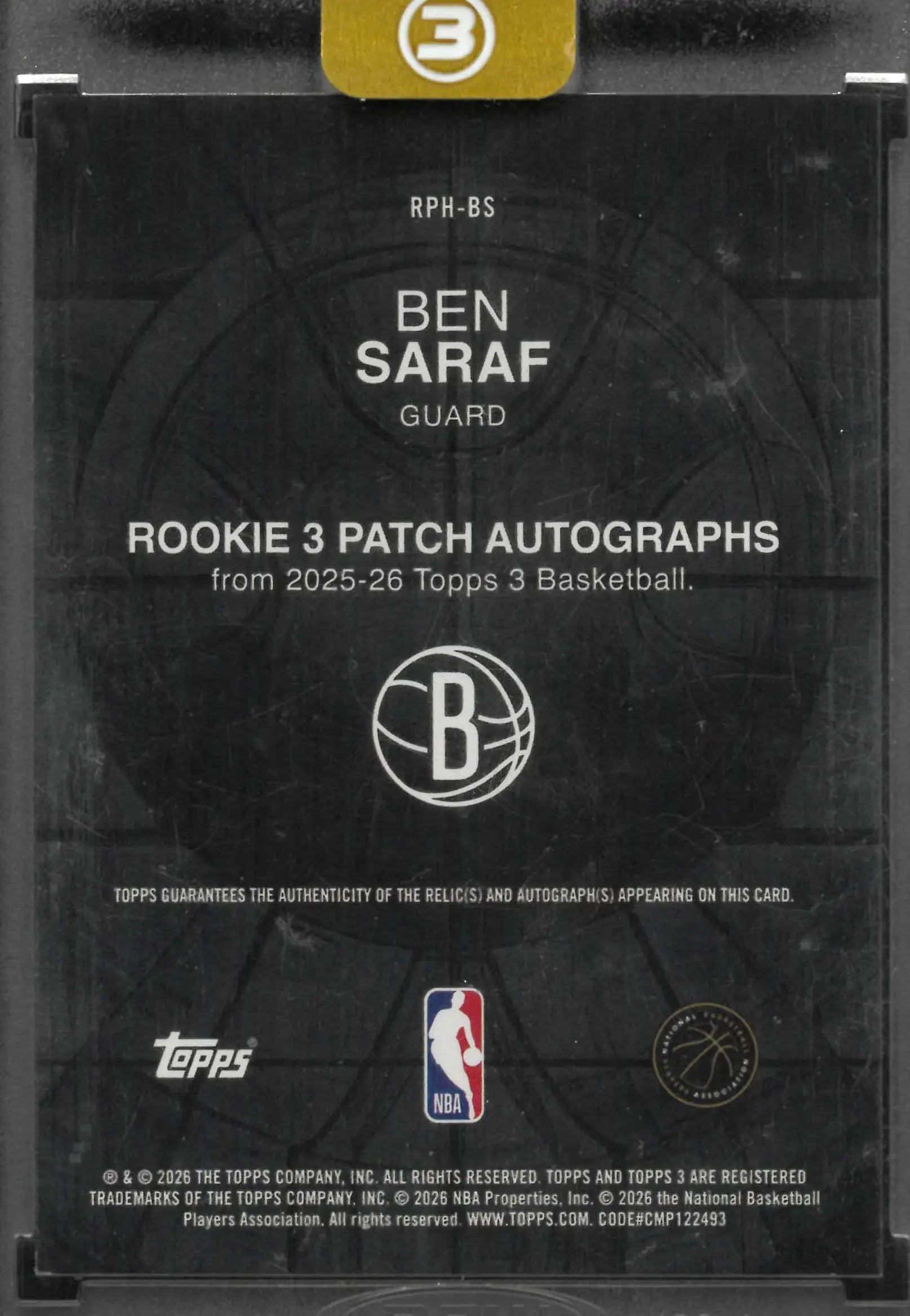 2025-26 Topps 3 Rookie 3 Patch Autograph Ben Saraf Auto /49 RC 