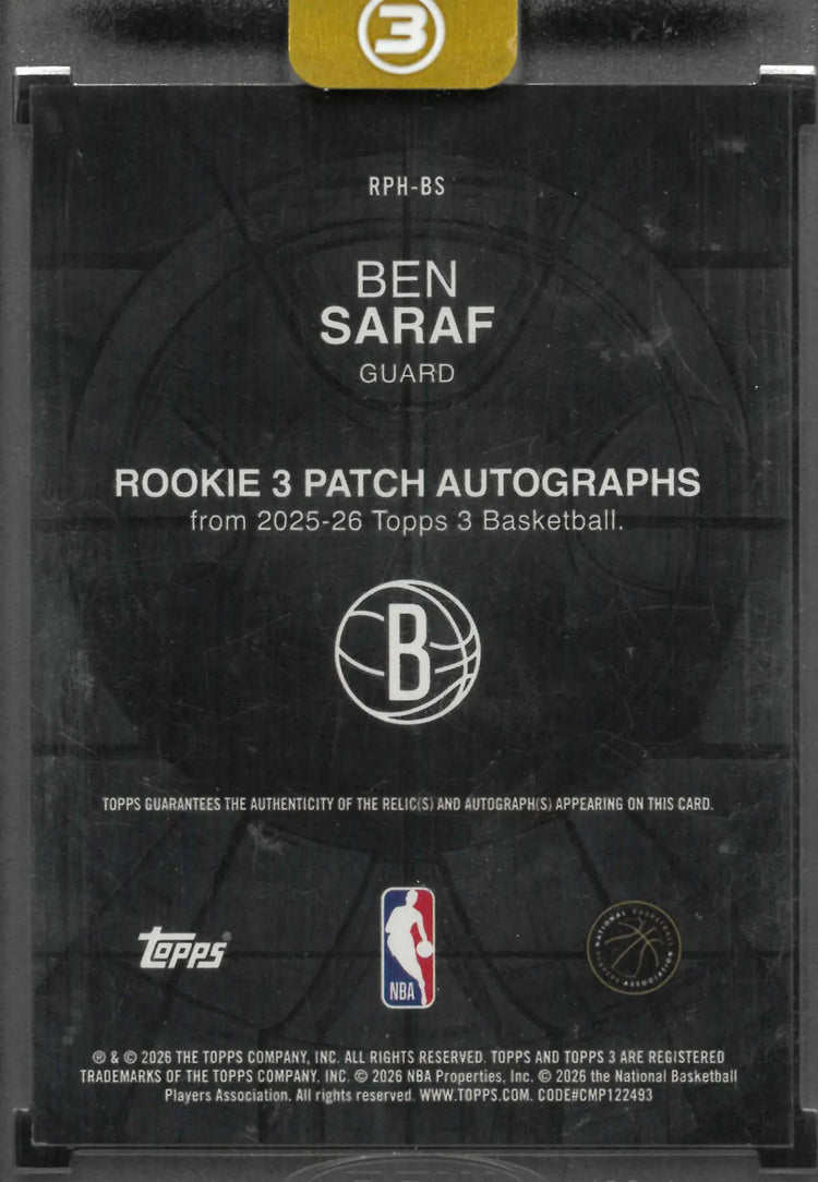 2025-26 Topps 3 Rookie 3 Patch Autograph Ben Saraf Auto /49 RC 