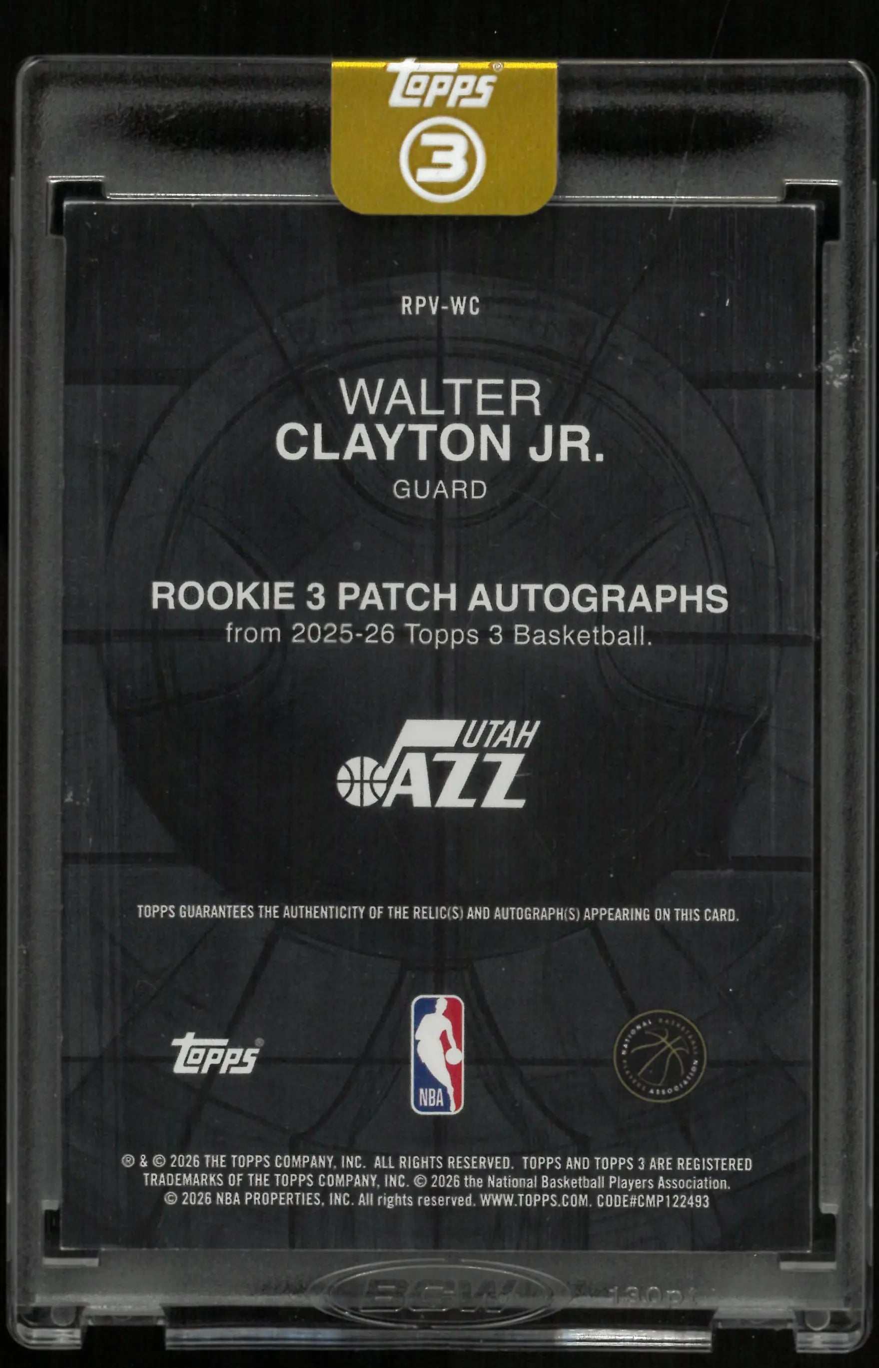 2025-26 Topps 3 Rookie 3 Patch Autograph Walter Clayton Jr. Auto /10 RC 