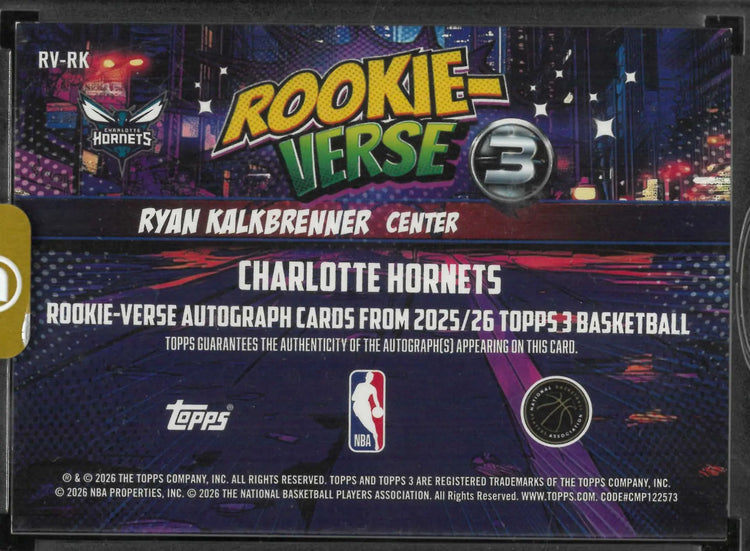 2025-26 Topps 3 Rookie-verse Autograph Ryan Kalkbrenner Auto RC 
