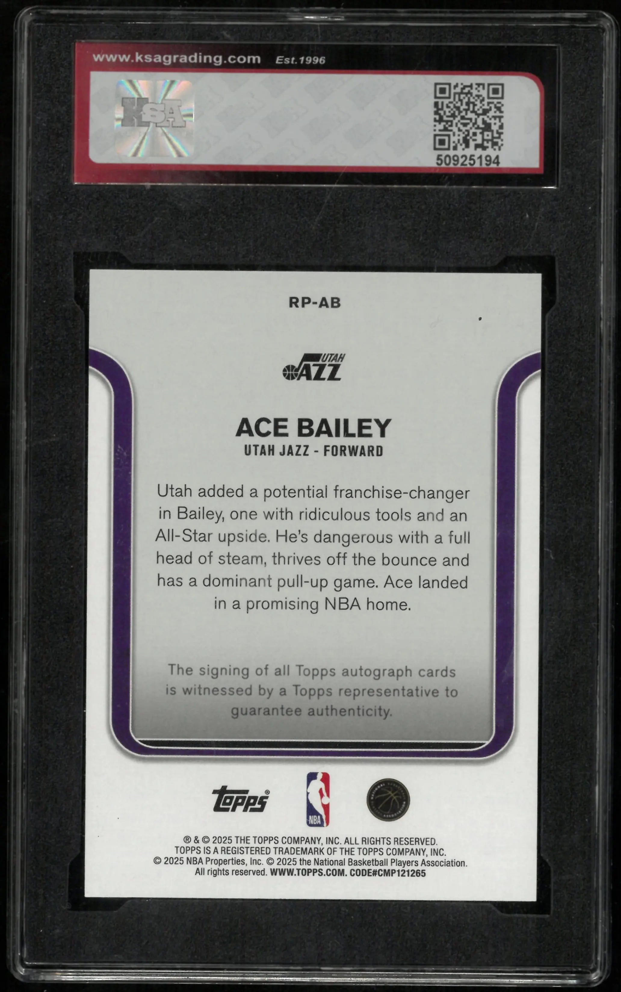 2025-26 Topps Basketball Rookie Photo Shoot Auto Ace Bailey KSA 9 