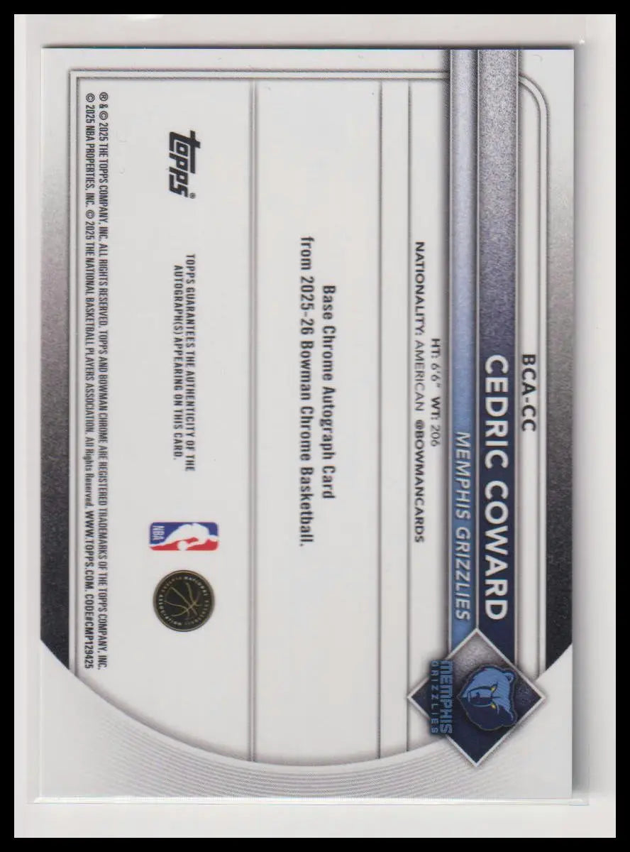 2025-26 Topps Bowman Chrome Rookie Autograph Cedric Coward Auto Green /99 RC 