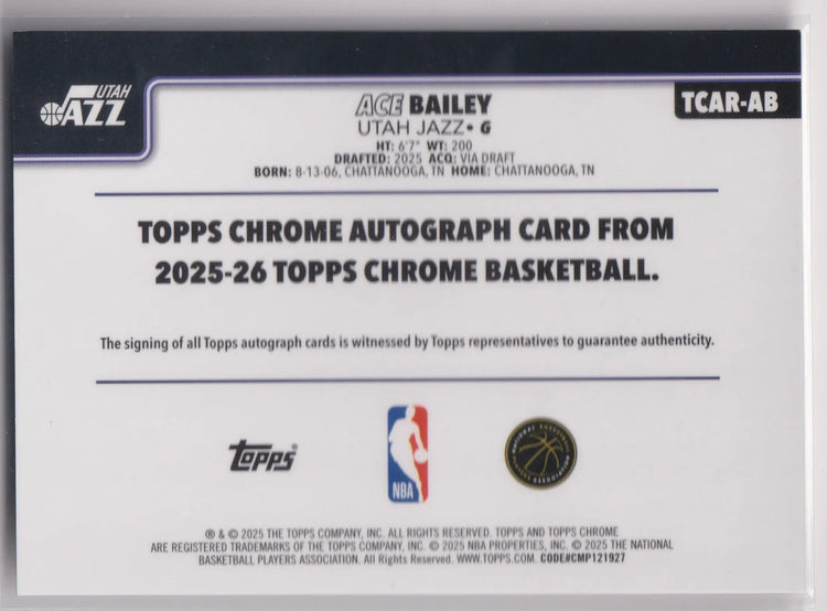 2025-26 Topps Chrome Autograph Rookie Ace Bailey Auto RC 