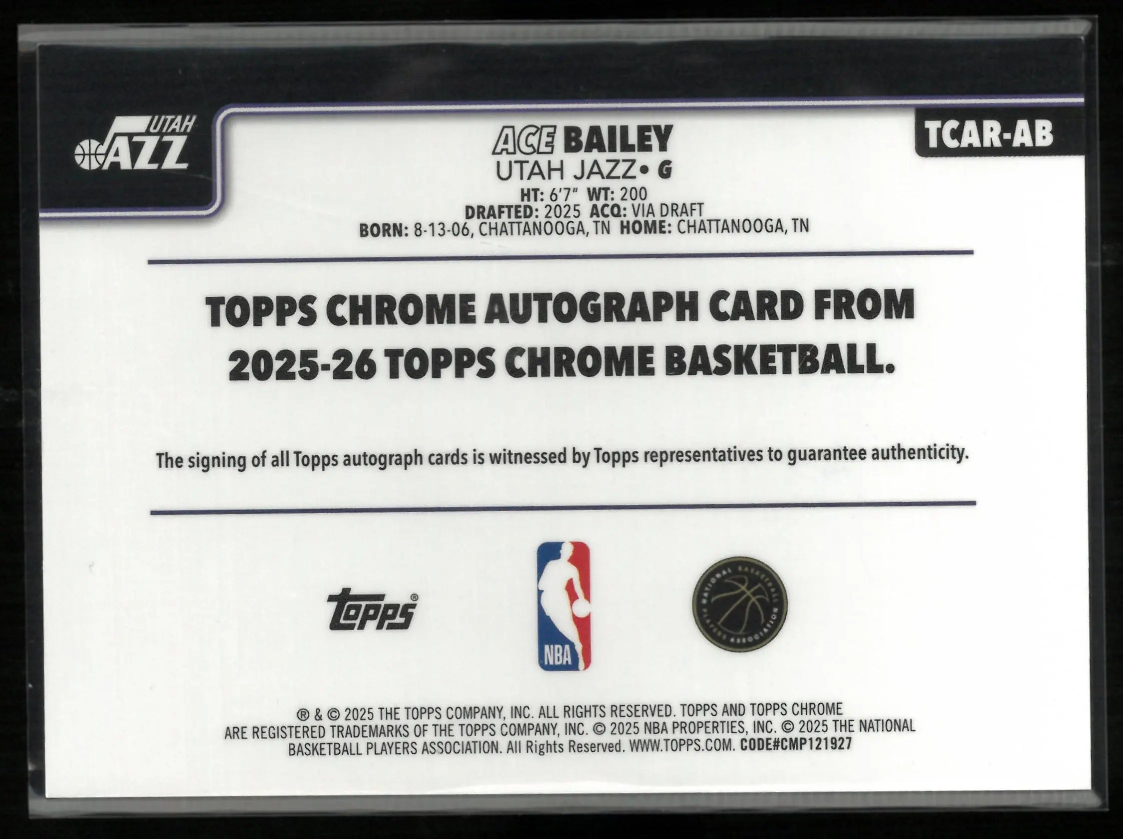 2025-26 Topps Chrome Basketball Autograph Ace Bailey Auto RC 