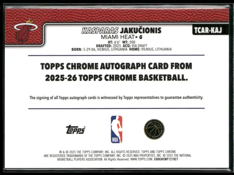 2025-26 Topps Chrome Basketball Blue Refractor Rookie Auto Kasparas Jakucionis /150 