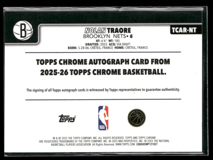 2025-26 Topps Chrome Basketball Green Refractor Rookie Auto Nolan Traore /99 