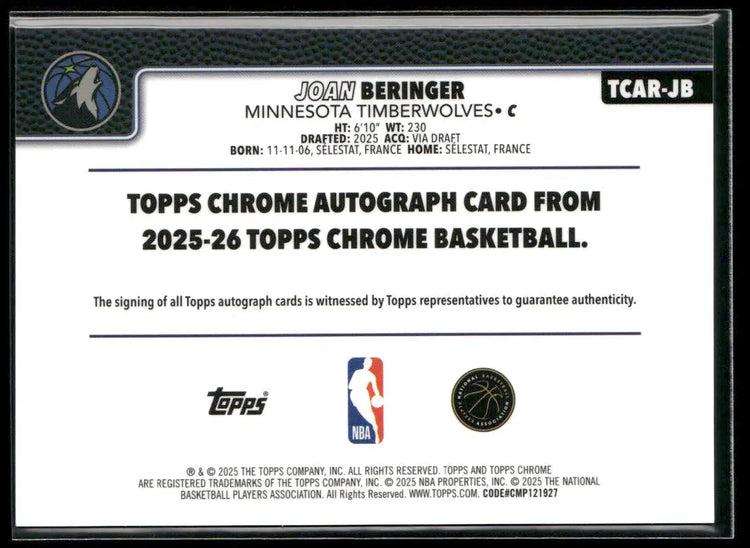 2025-26 Topps Chrome Basketball Orange Rookie Auto Joan Beringer /25 