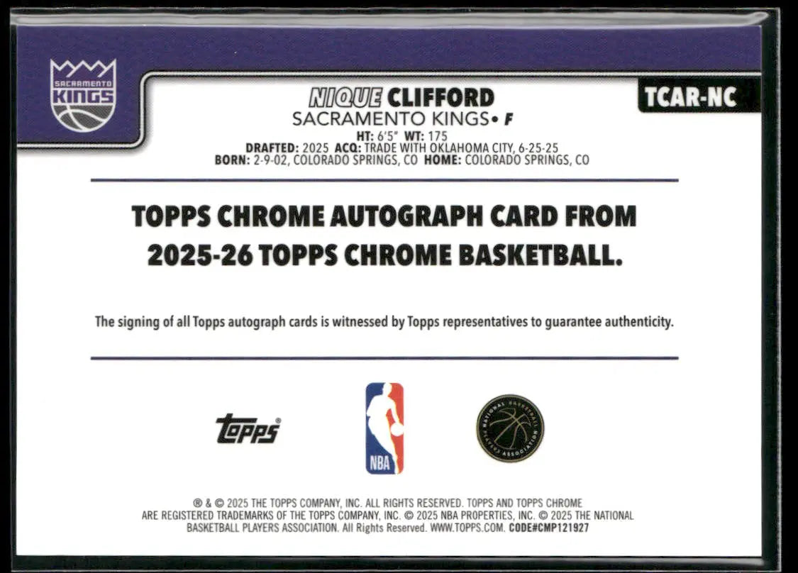 2025-26 Topps Chrome Basketball Orange Rookie Auto Nique Clifford /25 