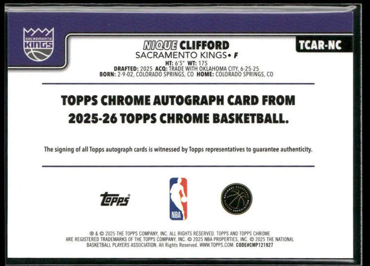 2025-26 Topps Chrome Basketball Orange Rookie Auto Nique Clifford /25 