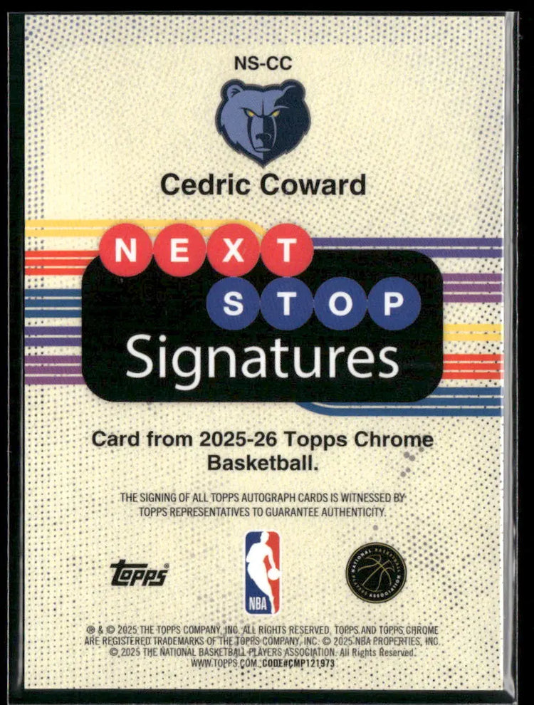 2025-26 Topps Chrome Basketball Purple Next Stop Signatures Rookie Auto Cedric Coward /75 