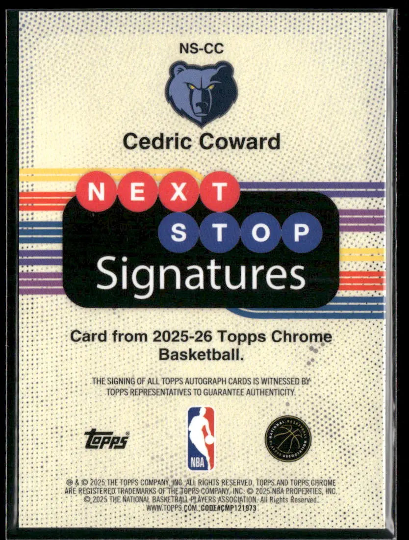 2025-26 Topps Chrome Basketball Purple Next Stop Signatures Rookie Auto Cedric Coward /75 
