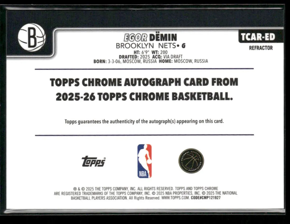 2025-26 Topps Chrome Basketball Refractor Rookie Auto Egor Demin 