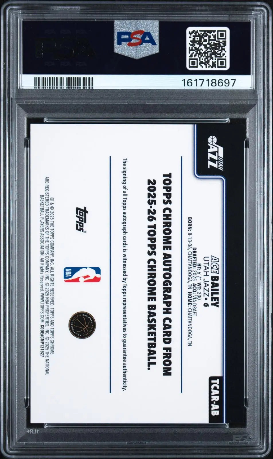 2025-26 Topps Chrome Basketball Rookie Autograph Ace Bailey RC Auto PSA 10 