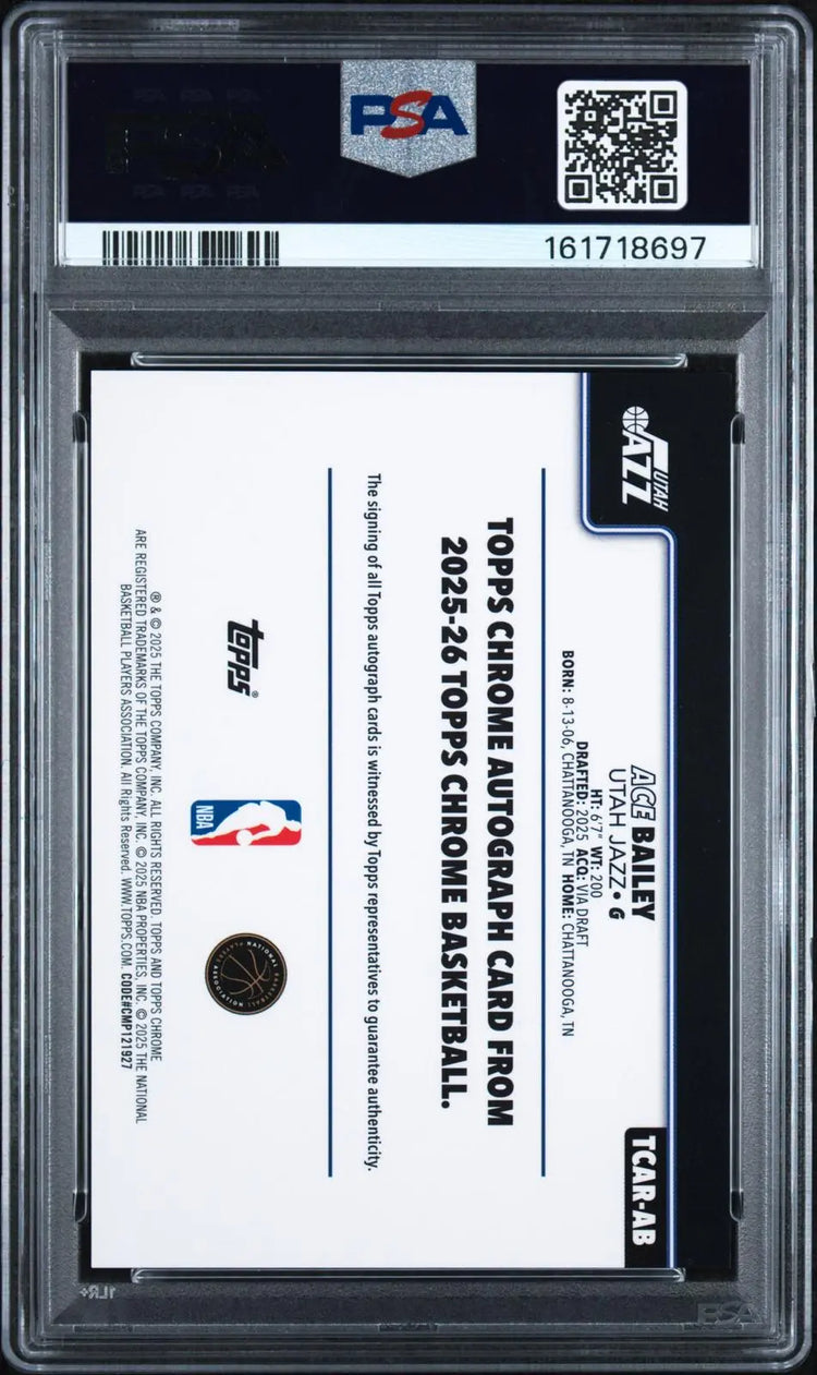 2025-26 Topps Chrome Basketball Rookie Autograph Ace Bailey RC Auto PSA 10 