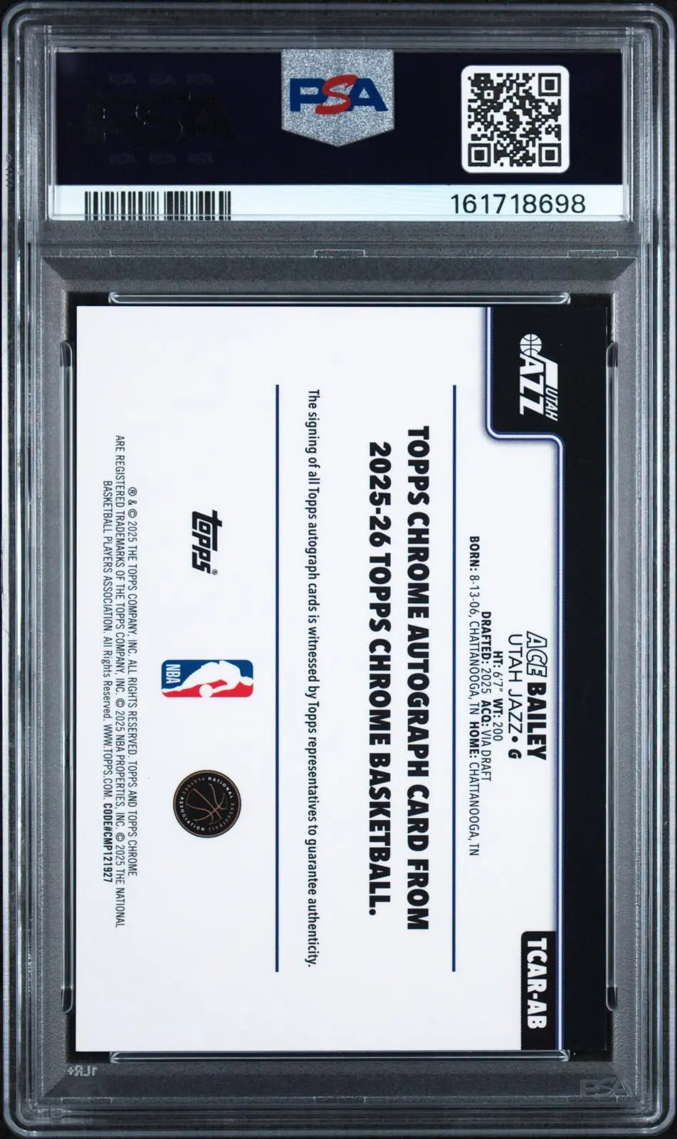 2025-26 Topps Chrome Basketball Rookie Autograph Ace Bailey RC Auto PSA 9 