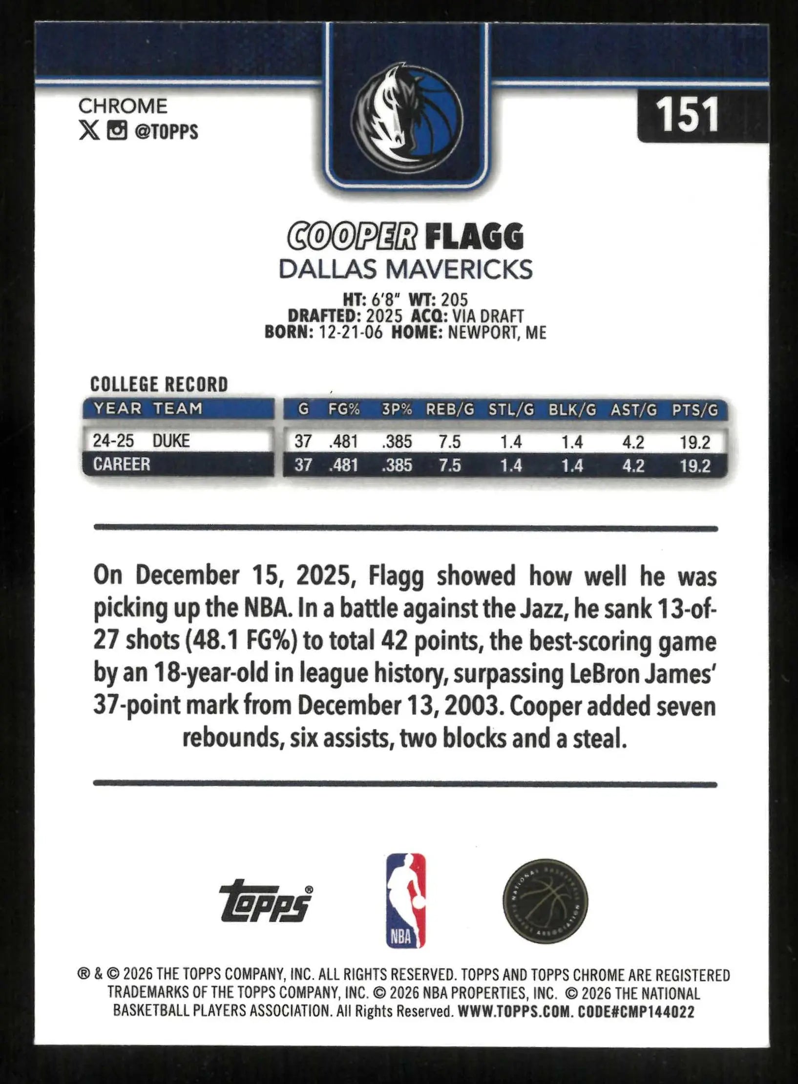 2025-26 Topps Chrome Basketball Rookie Cooper Flagg RC X-Fractor 