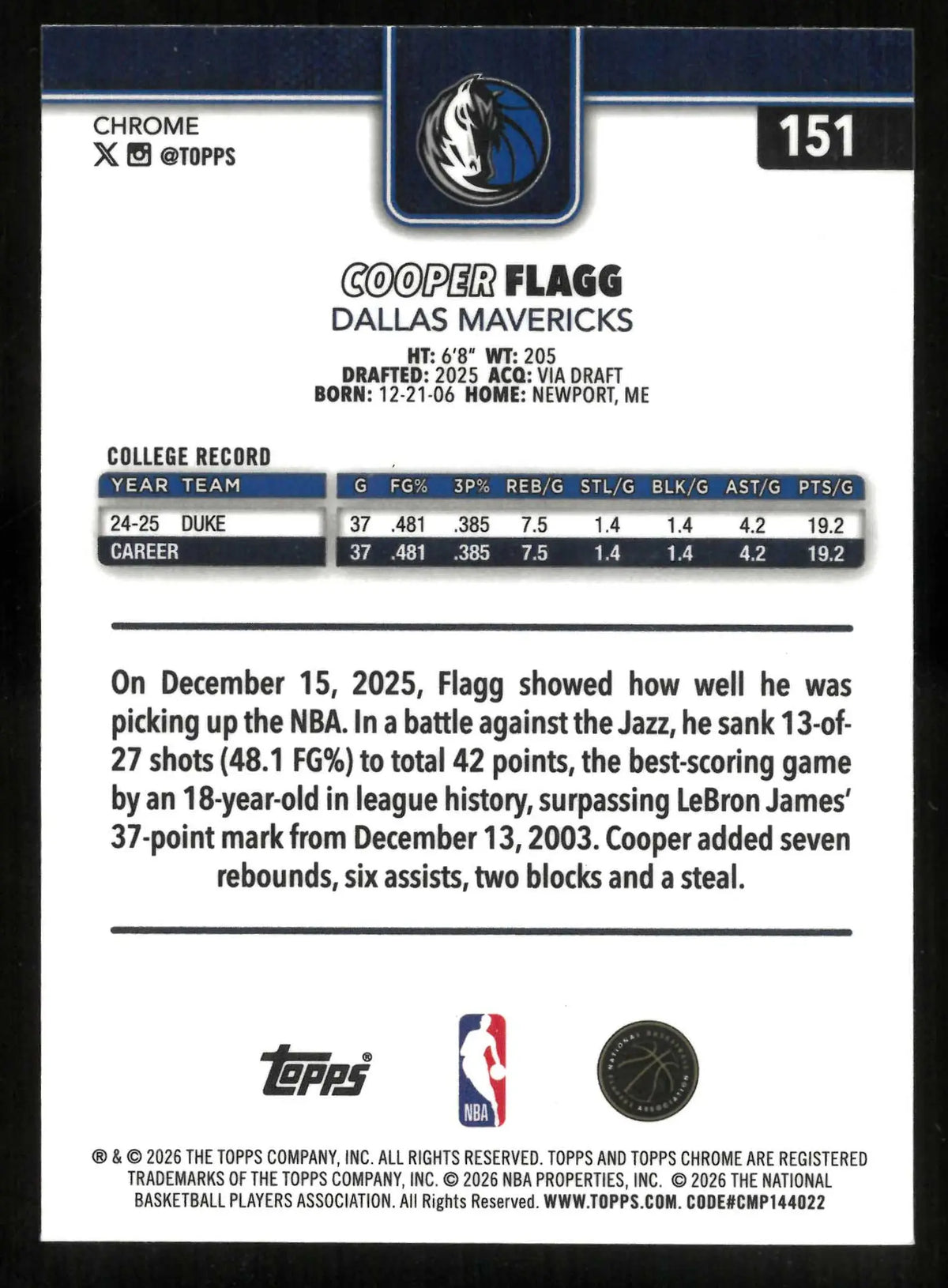 2025-26 Topps Chrome Basketball Rookie Cooper Flagg RC X-Fractor 