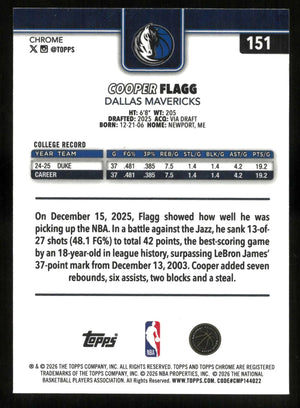 2025-26 Topps Chrome Basketball Rookie Cooper Flagg RC X-Fractor 