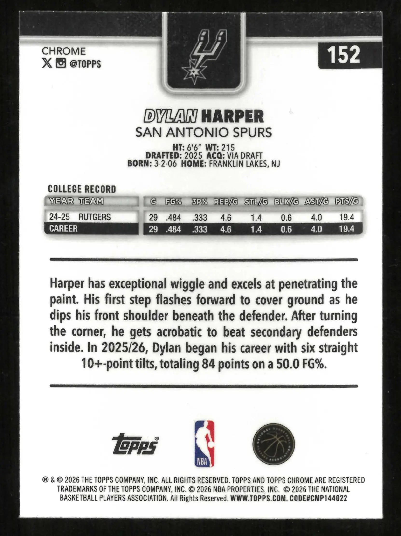 2025-26 Topps Chrome Basketball Update Rookie Dylan Harper RC 