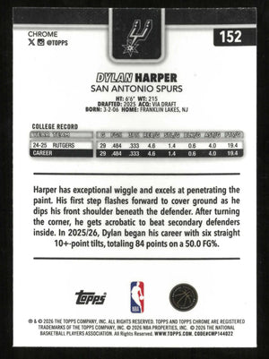 2025-26 Topps Chrome Basketball Update Rookie Dylan Harper RC 