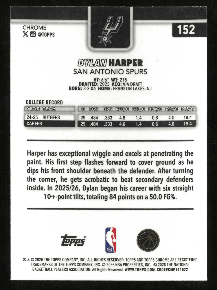 2025-26 Topps Chrome Basketball Update Rookie Dylan Harper RC 
