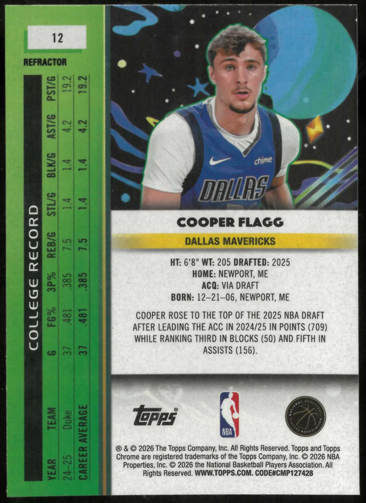 2025-26 Topps Chrome Cosmic #12 Cooper Flagg Rookie Refractors 