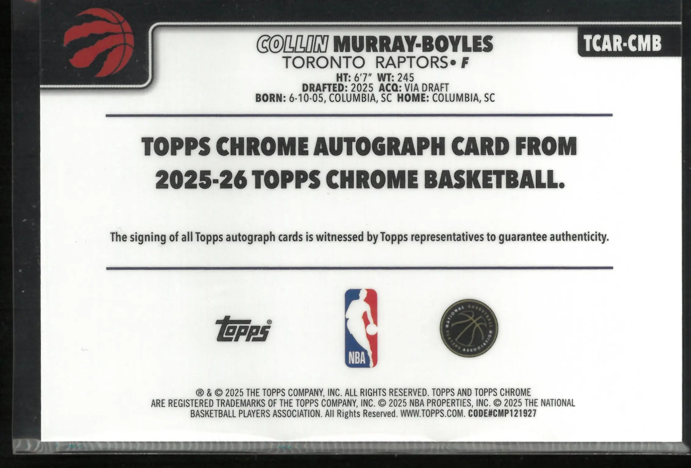 2025-26 Topps Chrome Rookie Autograph Collin Murray-Boyles Auto RC 
