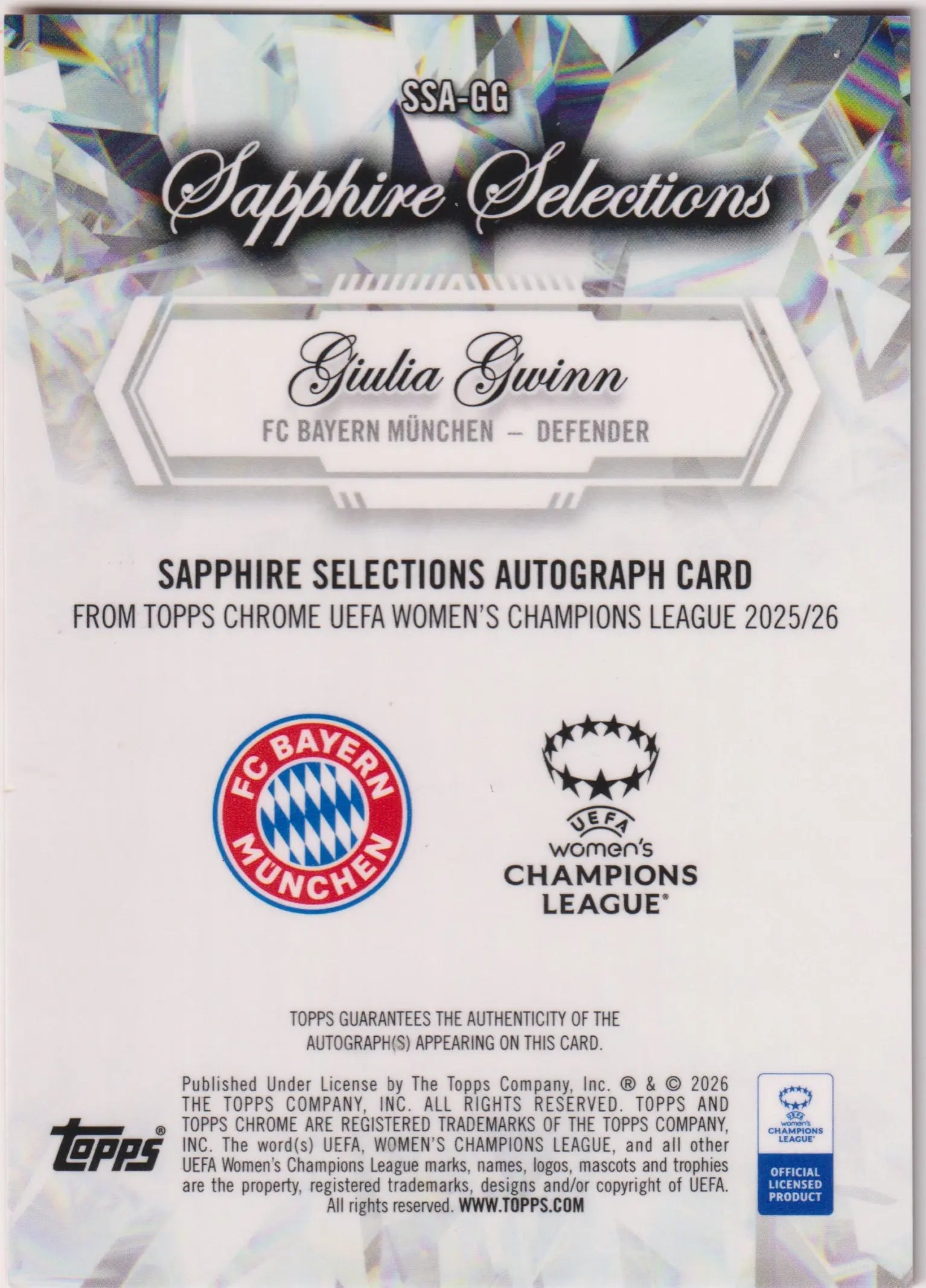 2025-26 Topps Chrome Sapphire Autograph Giulia Gwinn UEFA Women’s CL Auto /5 