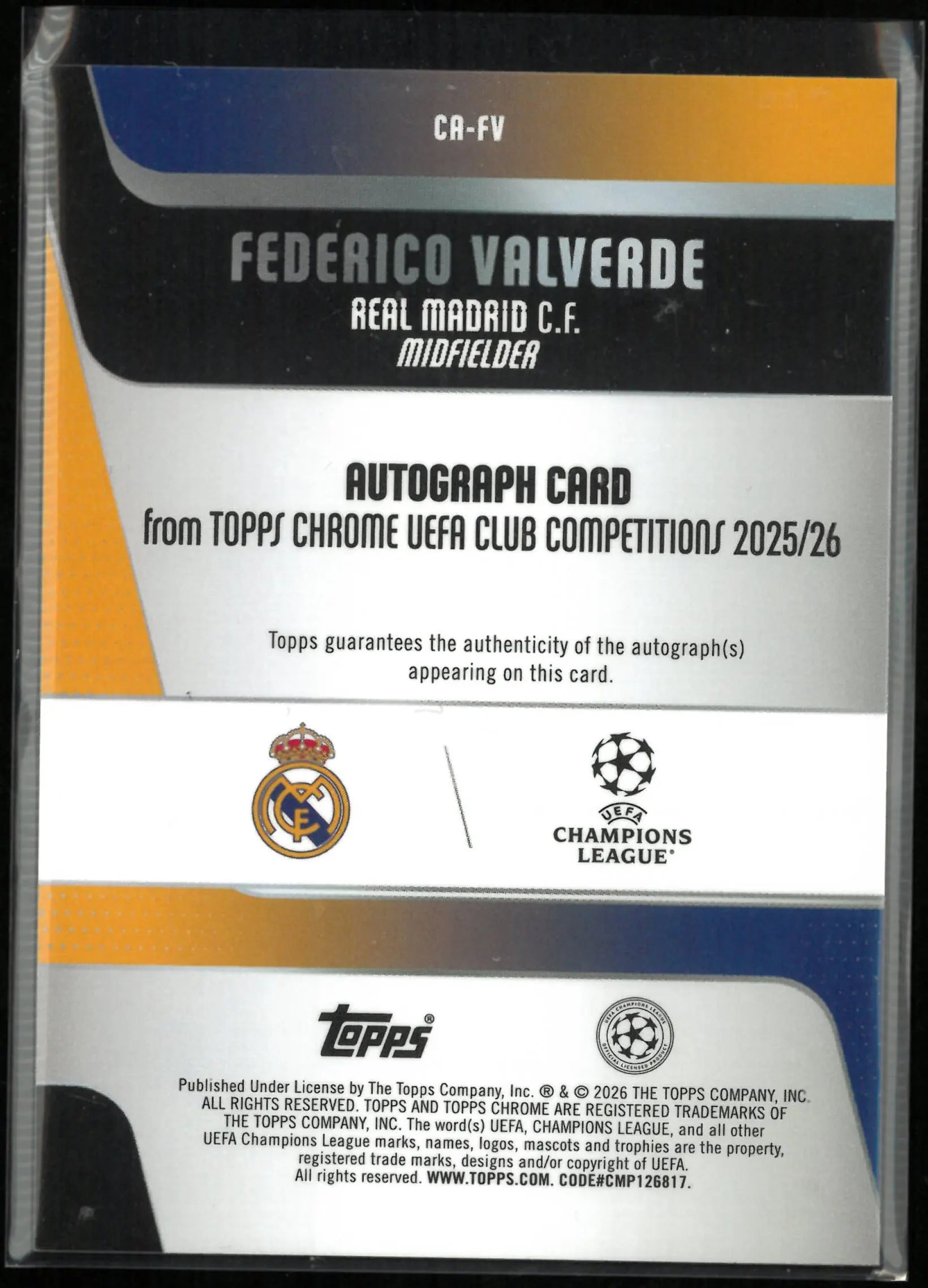 2025-26 Topps Chrome UEFA Club Competitions Autograph Federico Valverde Aqua/199 