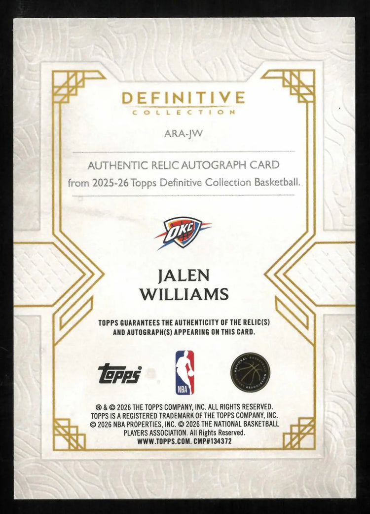 2025-26 Topps Definitive Collection Autograph Patch Jalen Williams Auto Pink /15 