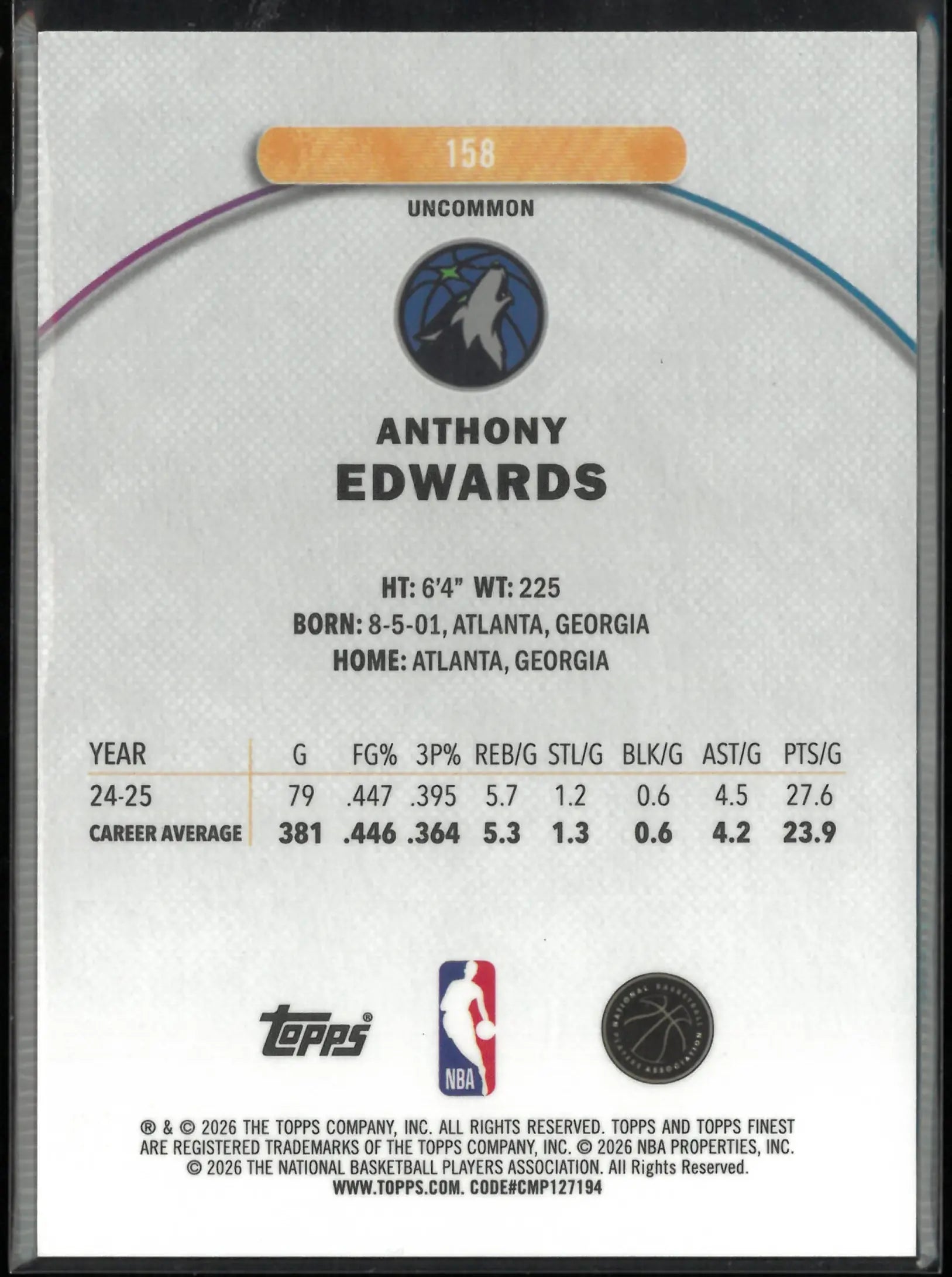 2025-26 Topps Finest Anthony Edwards Blue /50 