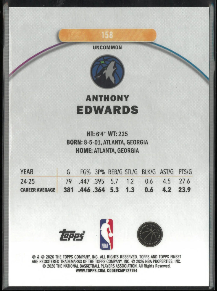 2025-26 Topps Finest Anthony Edwards Blue /50 