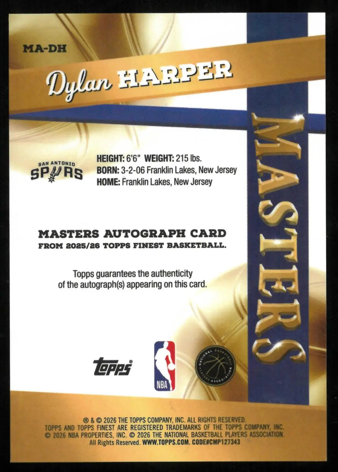 2025-26 Topps Finest Masters Auto Rookie Dylan Harper Gold Geometric Ref. /50 